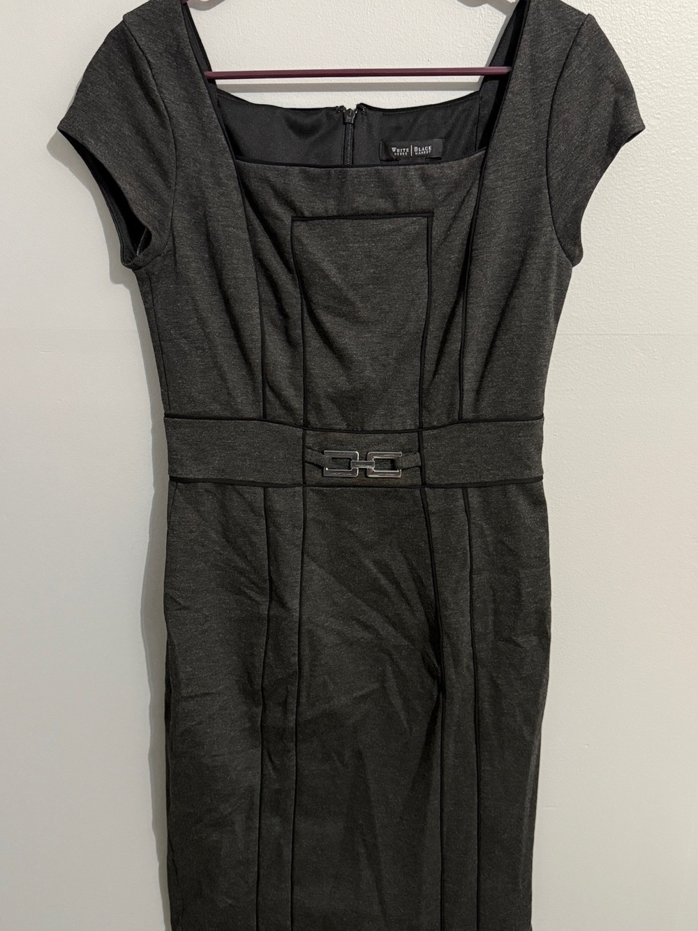 WHBM Dress Womens 4 Square Neck Piped Ponte Sheath Buckle Pencil Career Office